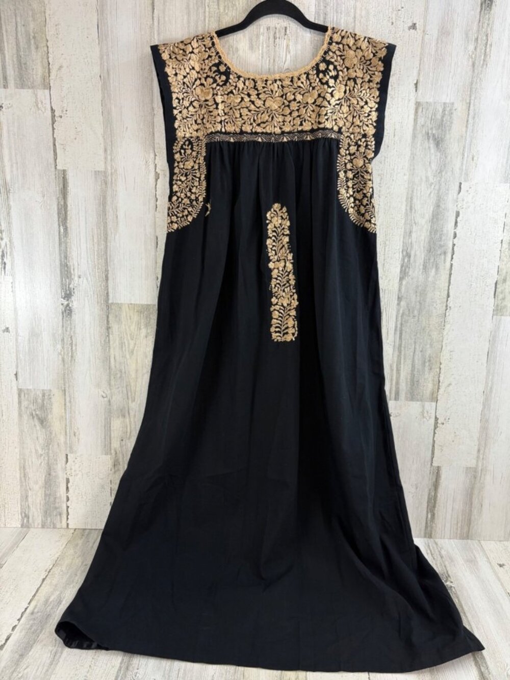 Mi Golondrina Sz M Midi Dress Black Gold Hand Embroidered Mexico